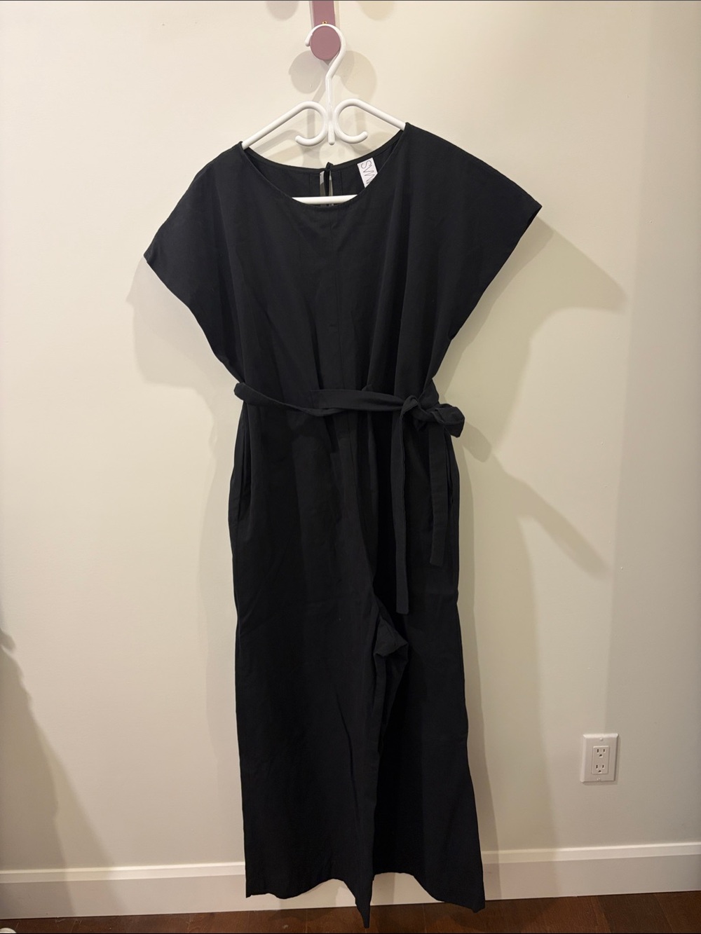 Women's Black Belted Cap-Sleeve Jumpsuit